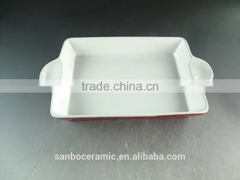 Red color glazed ceramic bakeware bake plate with handles in stock for wholesale