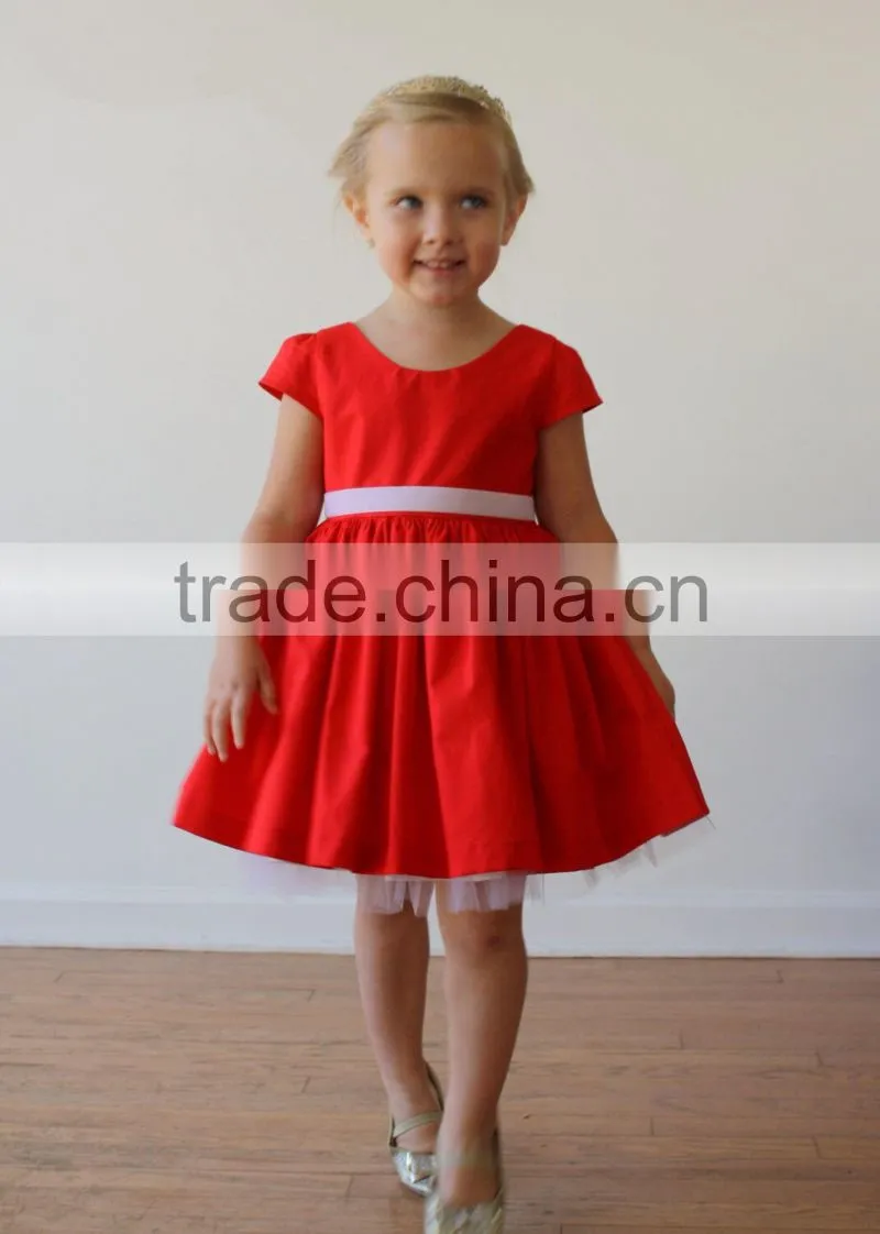 Girls Xmas Red Dress 100% Cotton Short Sleeve Twril Party Dress For Christmas