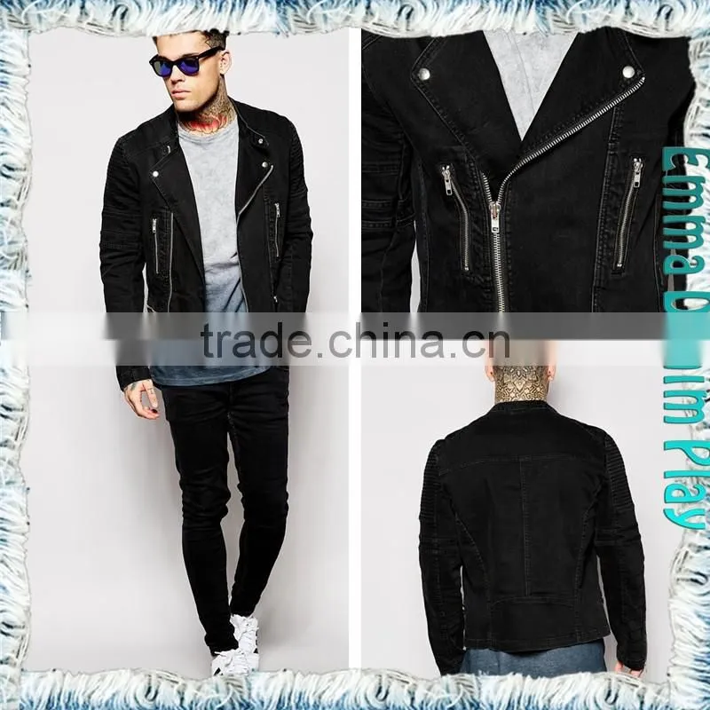 2015 New Man's Zipper Closure Full Sleeves Black Cotton Tight Fit Denim Jackets