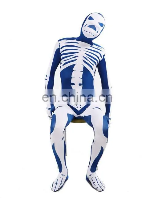 Blue & White Skeleton Nude Suit Tight Zentai Body Spandex Stretch Mens Jumpsuit Adult