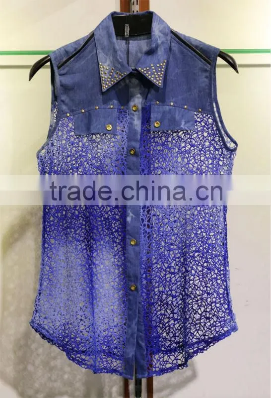 Women's two-tone hollowed-out sleeveless tops with a hob-nail shirt collar