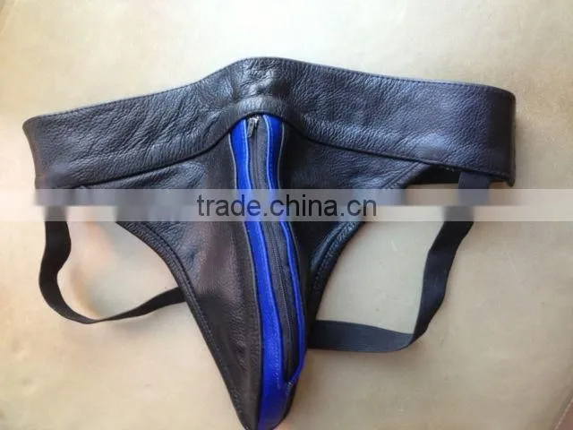 Leather Blue Striped Zip Fronted leather jock strap underwear
