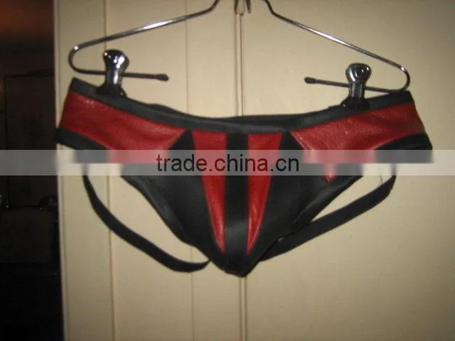 Black leather jock strap with purple strips