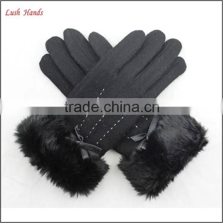women woolen cheap hand gloves winter dress gloves with black fake fur