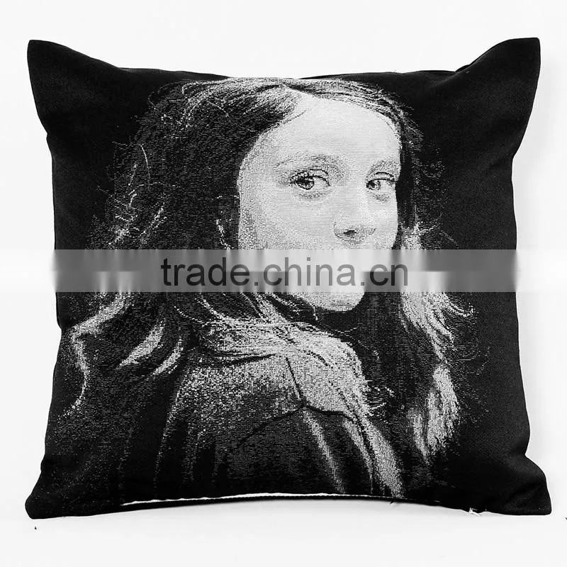 2016 hotsale 100% cotton wholesale printed portrait cushion, black and white jacquard cushion