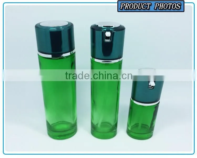 Green colored glass pump lotion bottle and cosmetic glass cream jar