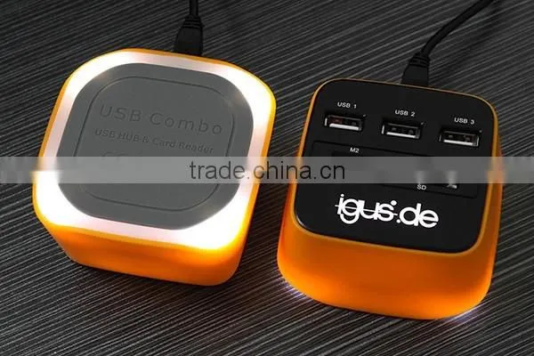 hottest selling usb hub combo card reader with led lighting logo