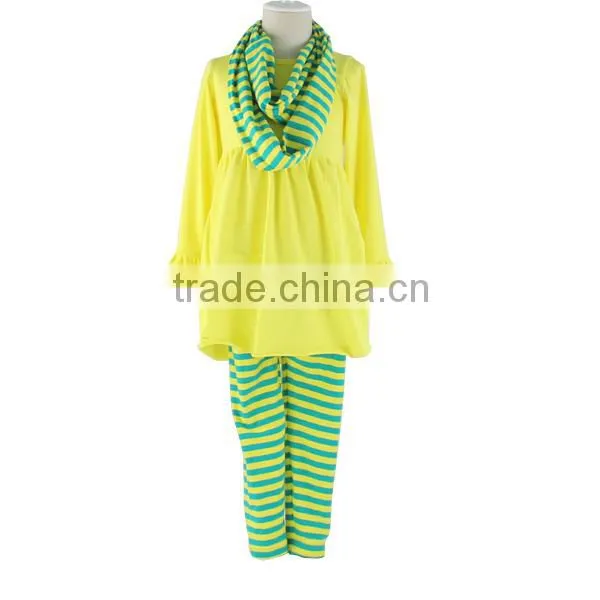 Wholesale new deisgn outfits with scarf baby girls kids 100% cotton dress & pants baby clothing sets scarf outfits