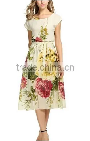 Women's Short Sleeve Crewneck Chiffon Floral Printed Midi Party Dress