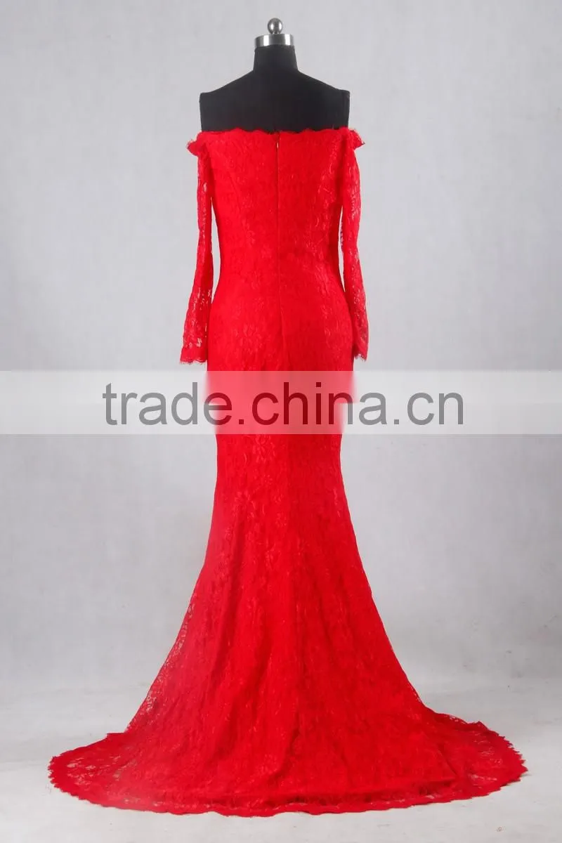 J--0095 red big ass picture of evening dress sexy french lace long sleeve off shulder mermaild wedding dress