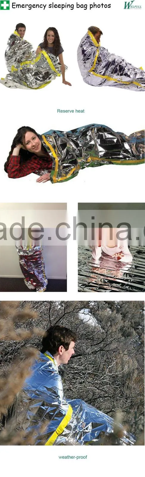 snowproof Aluminum foil emergency sleeping bag for heat keeping