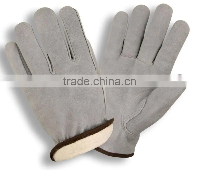 Warmth cow grain leather winter driver gloves with fleece lining ZM704-H