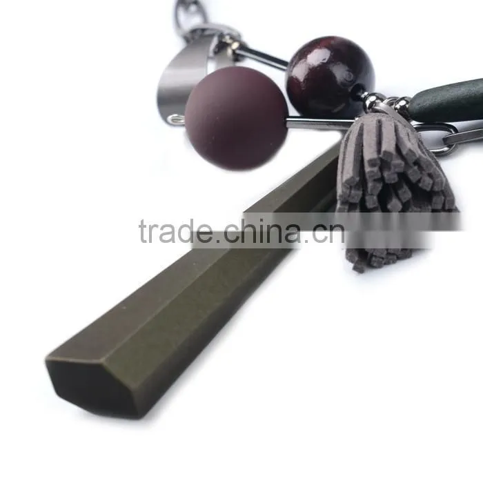 geometric wood bead rubber strip pendant necklace velvet leather tassel necklace chain linked suede leather necklace