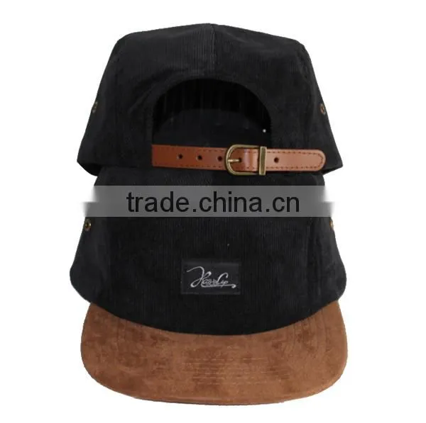 Custom Woven Tag Corduroy Leather Strap Cheap Wholesale 5 Panel Hat