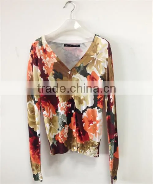 Women's V-neck no hand feeling reactive printing cardigan sweater