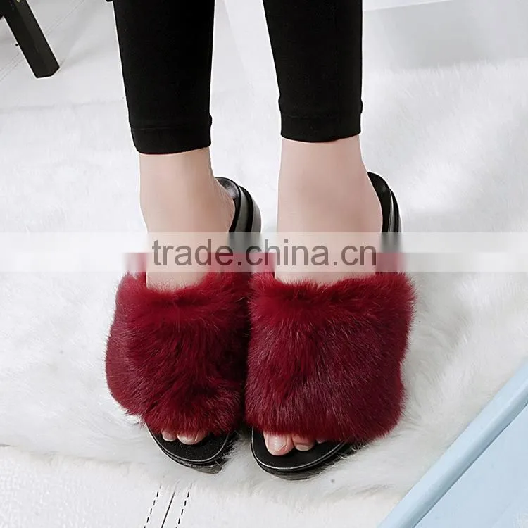 2017 sweet candy color summer women real natural feather turkey fur fuzzy slippers slides mules women open shoes Fslipper-6