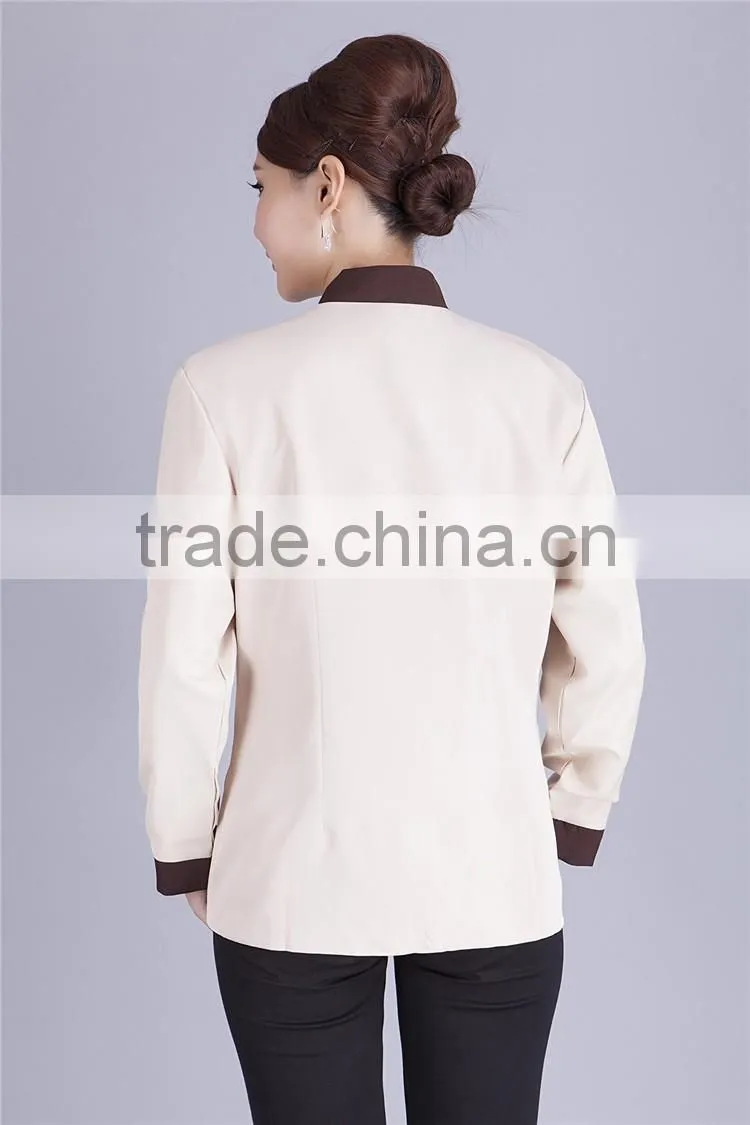 Juqian Wholesale cheap beige fashional design korean collar anti-foul hotel cleaner workwear work uniform