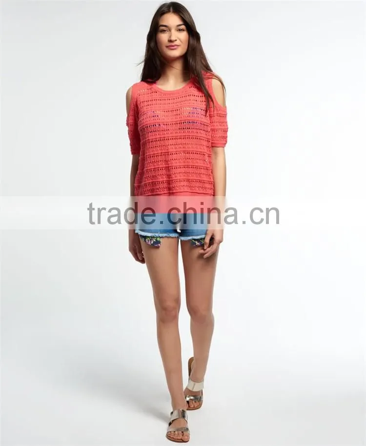 Shandao Factory Summer New Arrivals Casual Round Neck Short Sleeve Off Shoulder See Through Orange Lace Sexy Weatern Tops Ladies