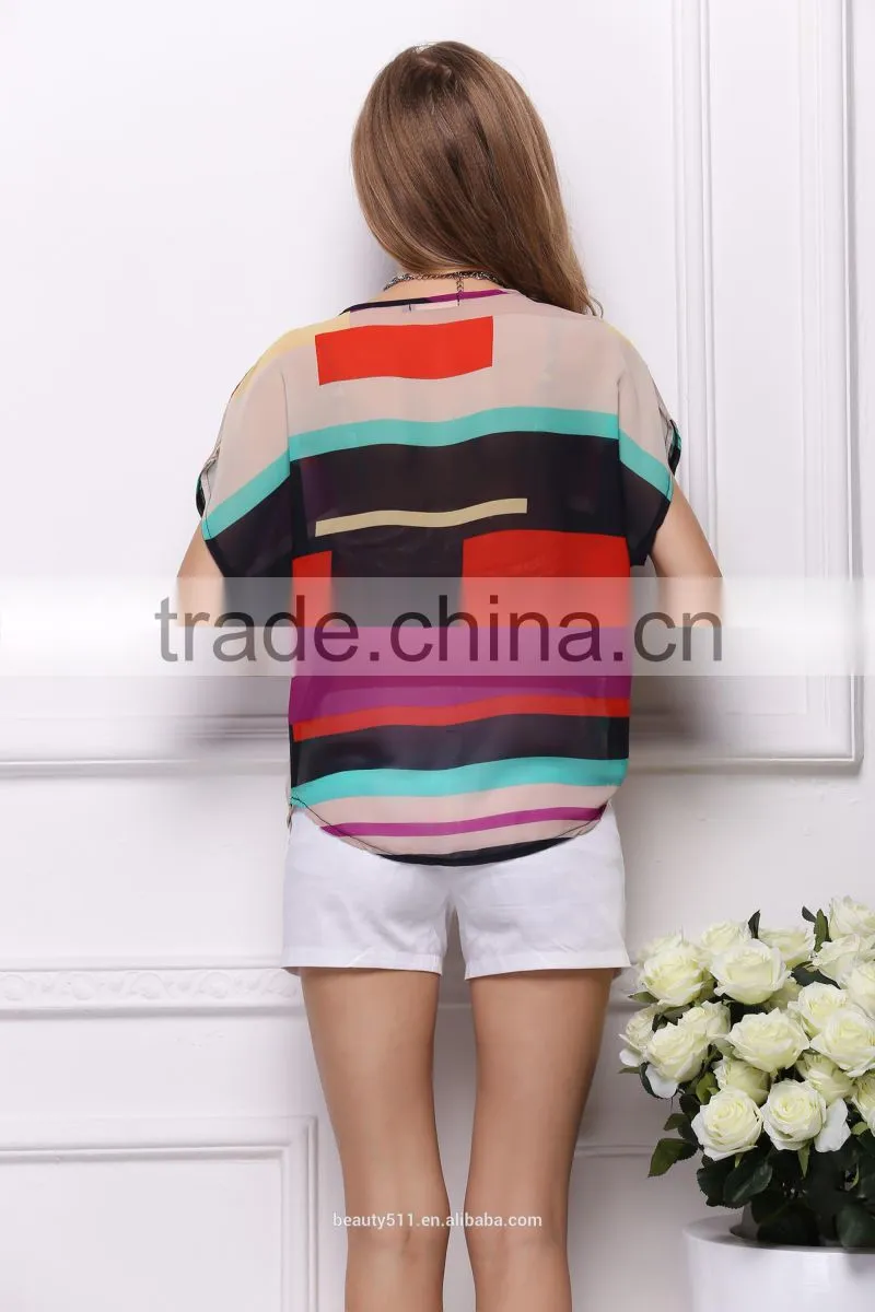 Chromatic stripe batwing coat rainbow T-shirt Irregular rainbow striped chiffon SD93