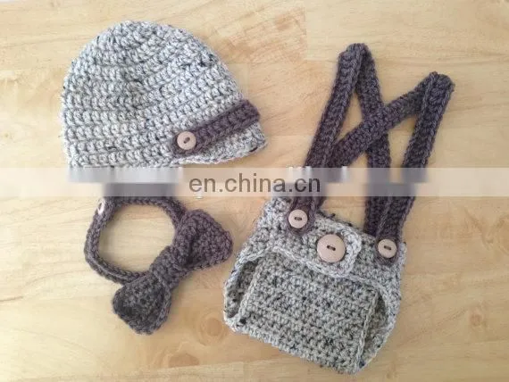 Crochet 3 pcs Set Newsboy Hat Diaper Cover Set /Suspenders and Bow Tie in Oatmeal & Taupe, Photography Prop for Newborn Baby