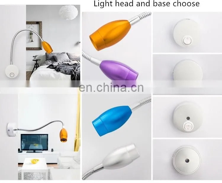 Colourful light head 1w 110v 220v swing arm desk lamp hot sell flexible hose bed lamp decorative led reading lamp