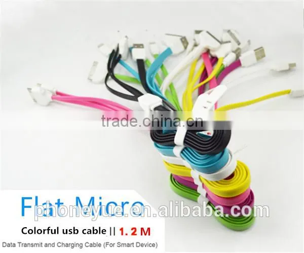 colorful flat 1.2m 3 in1 charging usb cable for iphone and for samsung