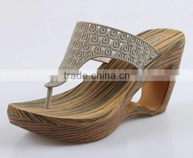 2015 Retro Style Wedges Slippers Waterproof Slippers Wooden Bottom Slippers