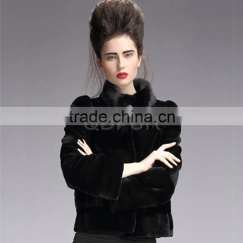 QD29226 Outerwear Wholesale/retail Short Style Real Piece Rex Rabbit Fur Women Jacket with Mink Fur Collar