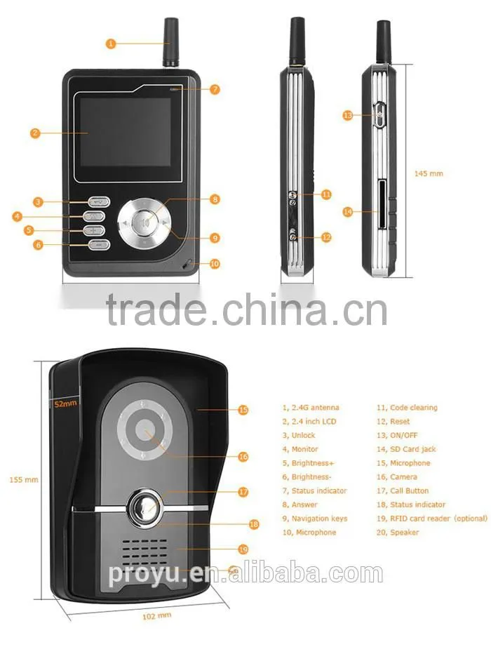 IP55 Waterproof Design 12 Ringtones Camera Intercom Doorbell Video Doorphone with ID Cards