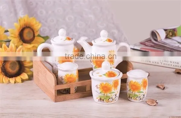 Wholesale Black Ceramic Salt Pepper Oil and Vinegar Set with Wooden Stand