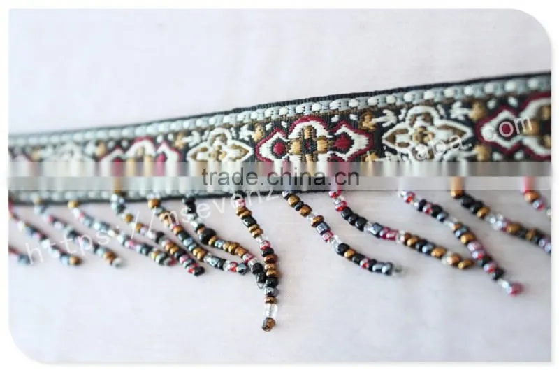 Newest design 5 cm width ethnic embroidery nylon webbing with beaded fringe
