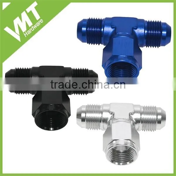 Anodized blue aluminum AN Tee female swivel on side