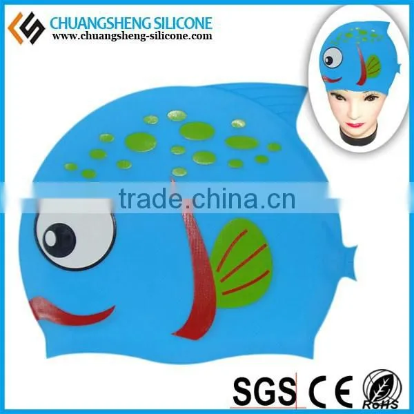 FUNNY SILICONE WATER DROP SWIM CAP WITH CUT EAR AND CARTOON PRINTING
