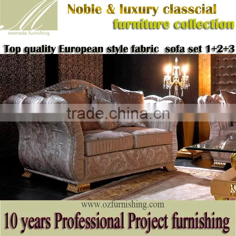 YB56 Foshan Shunde Furniture , Classic Gold leaf finshing fabric sofa for Villa, Royal hardwood sofa