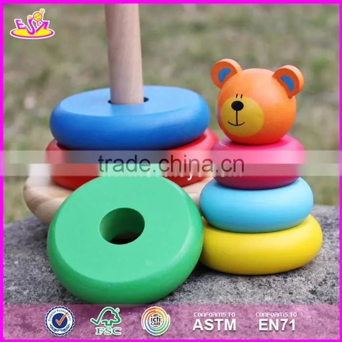 2017 new design colorful bear educational wooden baby stacking rings W13D137