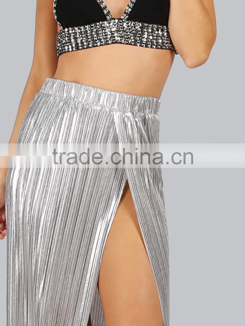 Long split women pleated long skirt sliver color high waist maxi skirt new arrive