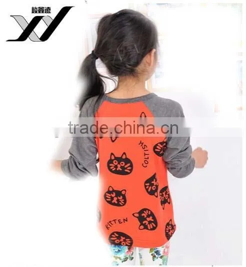 wholesale chidren lovely cat pattern print all cotton long Raglan sleeve hoodie for girl
