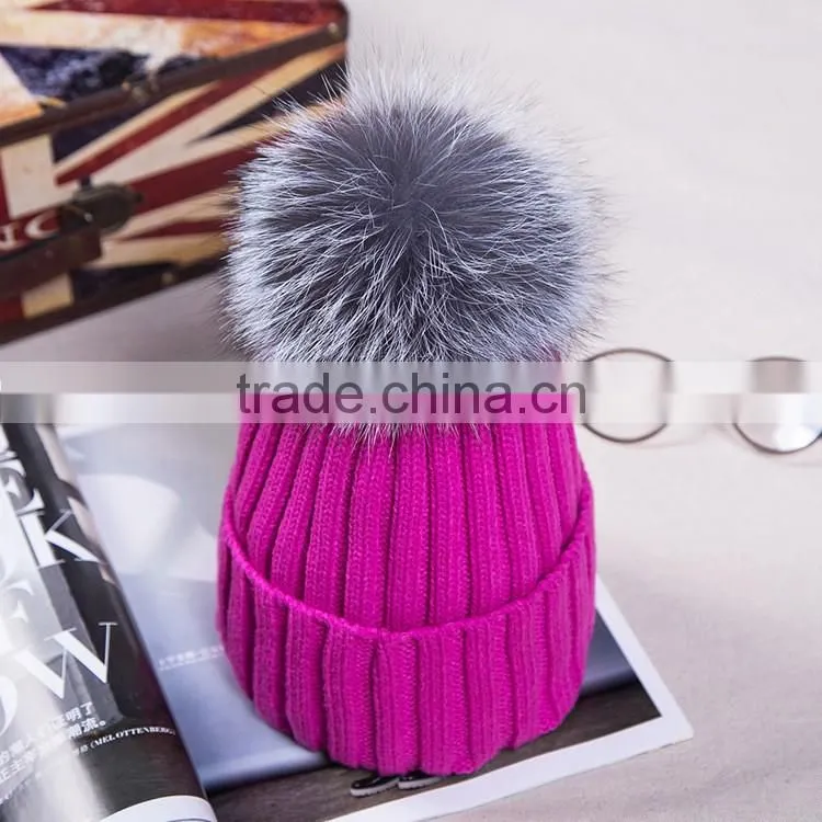 Hot Winter Colorful Snow Caps Wool Knitted Beanie Hat With real sliver fox Fur Pom Poms For Women Men Hip Hop Skullies Cap