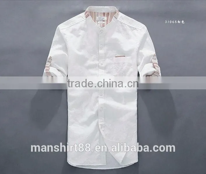 2016 new style roll up sleeve Mandarin collar linen cotton shirts for men