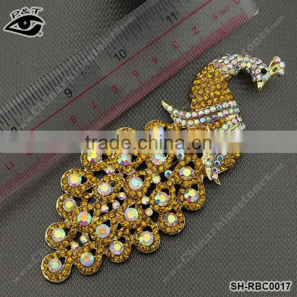 Rhinestone brooches crystal AB golden peacock design for clothing dress