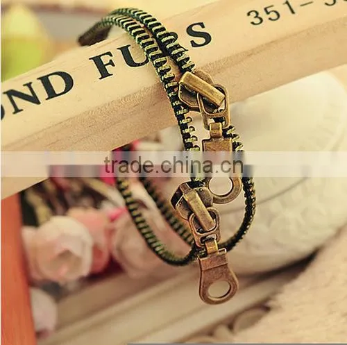 Fashion Jewelry Punk Retro Zipper Anklet Bracelet Double Chain Bangle Bronze for Girl Boys