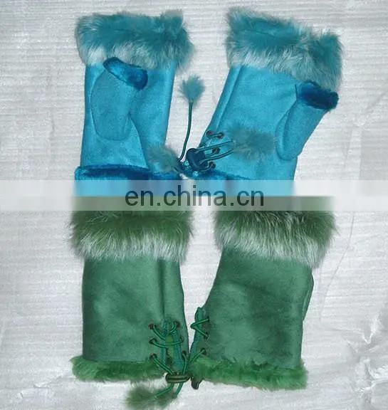 Colorful Fingerless Gloves with real Rabbit fur