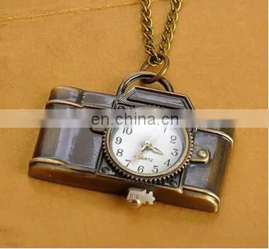 Pocket Watch Camera Pendant Necklace Quartz Antique Bronze Alloy Watch Long Chain Necklace birthday gift