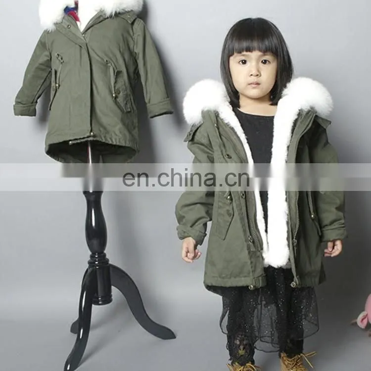 2016 Hot Sale Children Clothing Latest Korean Style Kids Coat with Raccoon Fur Hood and Rabbit Fur Lining