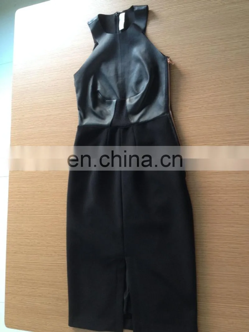 ladies sexy sheep leather and knitted fabric skirt with gold zipper in side and back