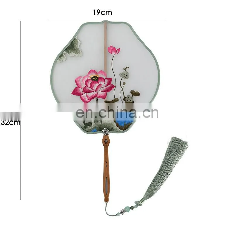 Chinese style multi-pattern silk embroidery handmade fan with wooden handle and tassel pendant