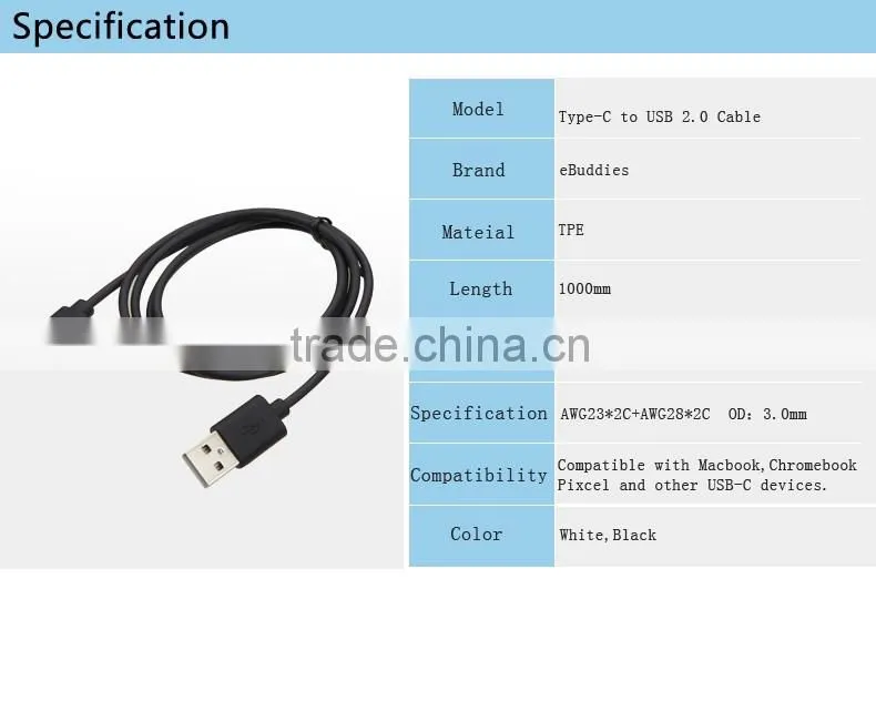 White super speed usb sync & charge cable usb 3.1 type c to usb 2.0 A Type