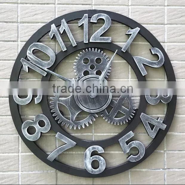 Handmade Oversized 3d Retro Rustic Decorative Luxury Art Big Gear Wooden Vintage Large Wall Clock on the Wall for Gift