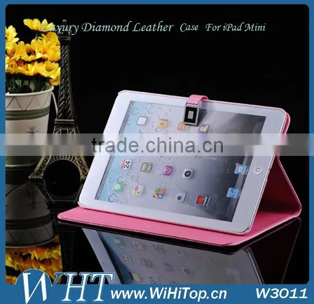 High Quality Diamond Leather For iPad Mini Leather Case Cover.Folio Leather Wallet Case for iPad Mini 7.9 inch.WHTS003