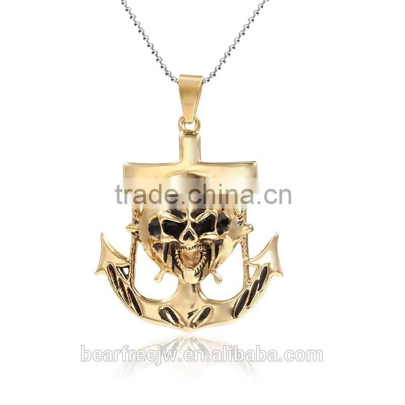 Titanium Stainless Steel Vintage Mens Punk Gold Skull Head Anchor Charm Necklace Pendant